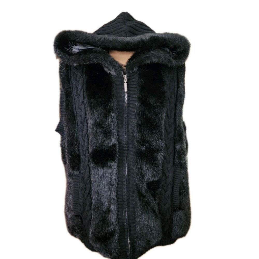 Green Tea Black Faux Fur Hooded‎ Knit Vest Cozy Y2K Boho Women's Large